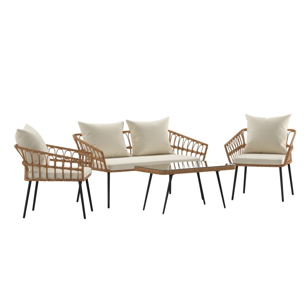 Weather 4 Piece Rope Rattan Patio Seating Set with Cushions