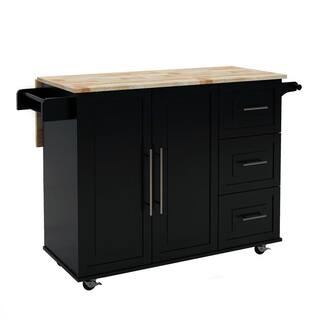 Tileon Black Kitchen Island with Spice Rack Towel Rack and Extendable Solid Wood Tabletop AYBSZHD308