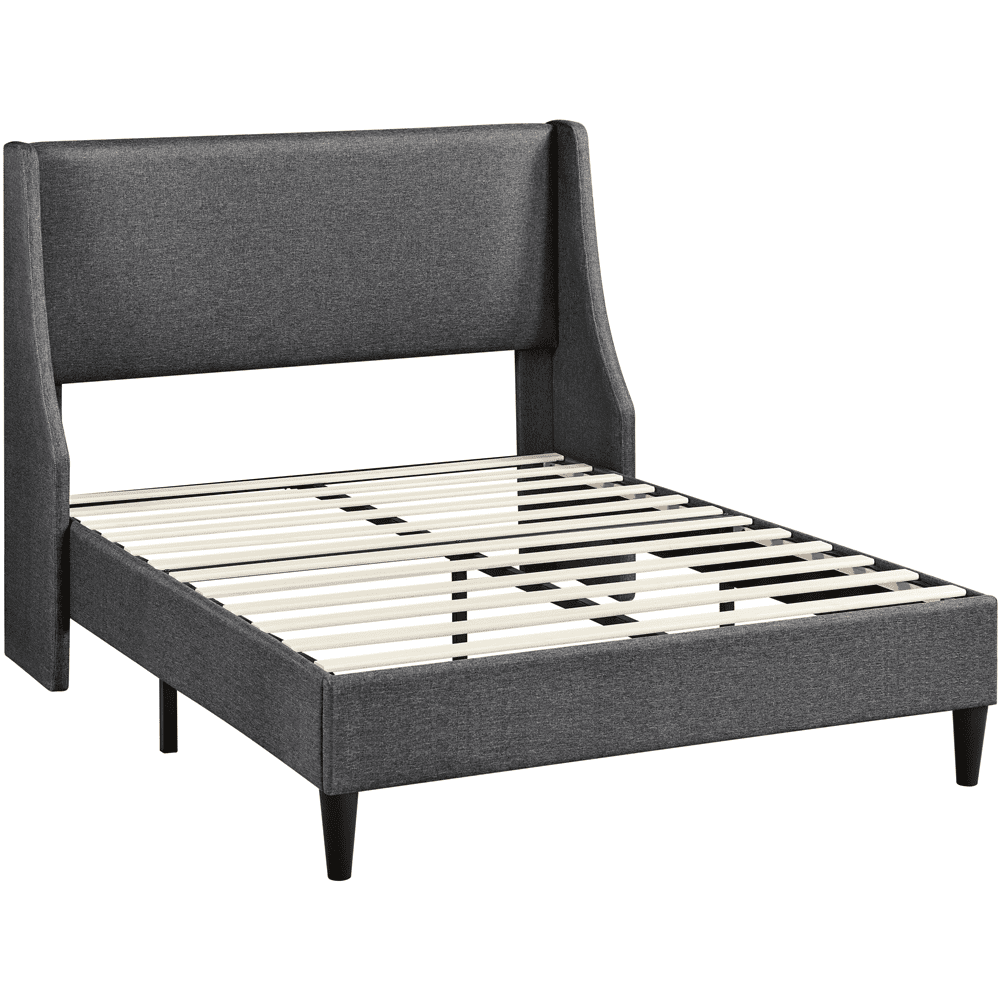 Easyfashion Upholstered Platform Bed Frame with Wingback Headboard, Dark Gray, Full