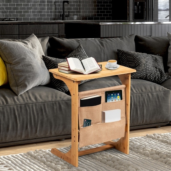 Bamboo Sofa Table End Table Bedside Table with Storage Bag - 19.5