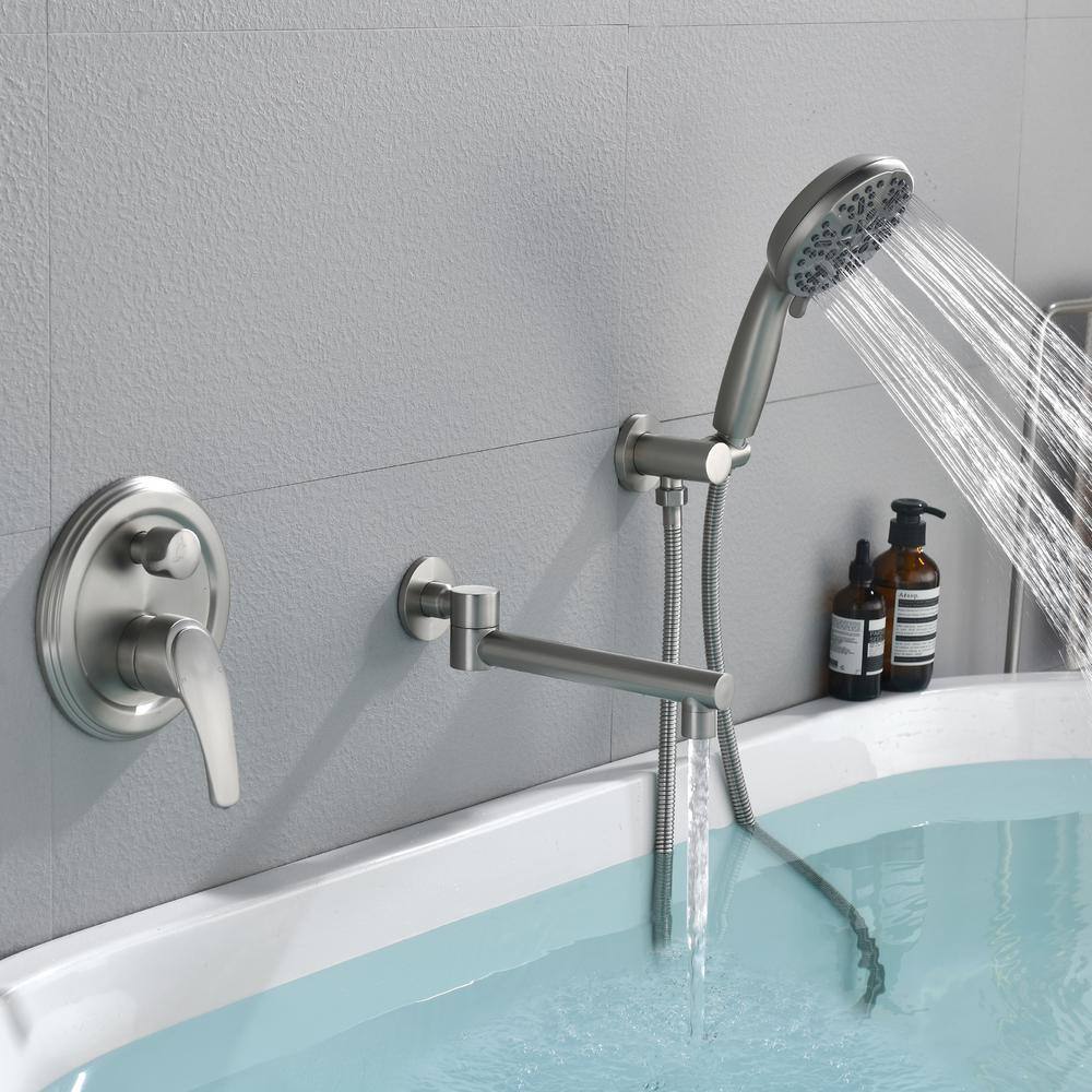 Aurora Decor Ami Single-Handle Wall Mount Roman Tub Faucet with 180 Swivel spout and 7-function handheld shower in Brushed Nickel SMDHD2A88031BN