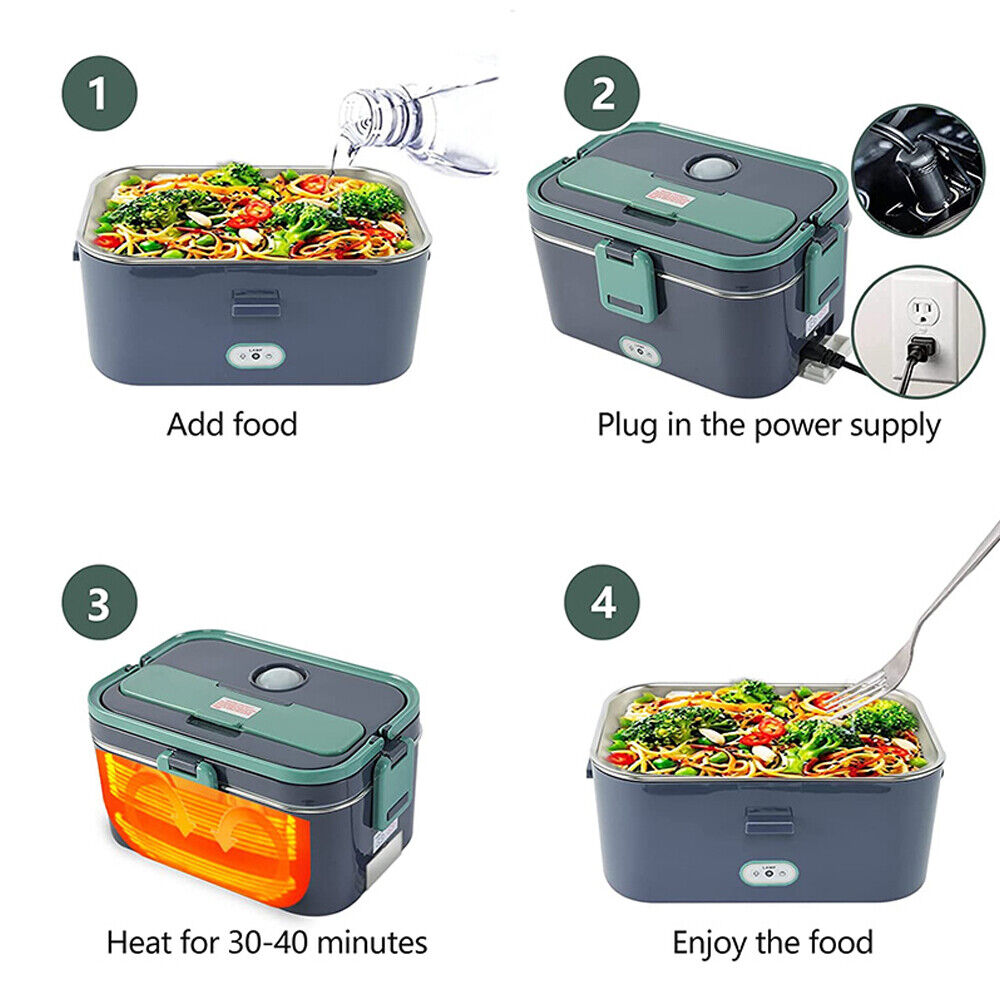 JahyElec Electric Lunch Box 60W Food Heated 12V 24V 110V Portable Food Warmer Heater for Car/Truck/Home Self Heating Box with 1.8L 304 Stainless Steel Container