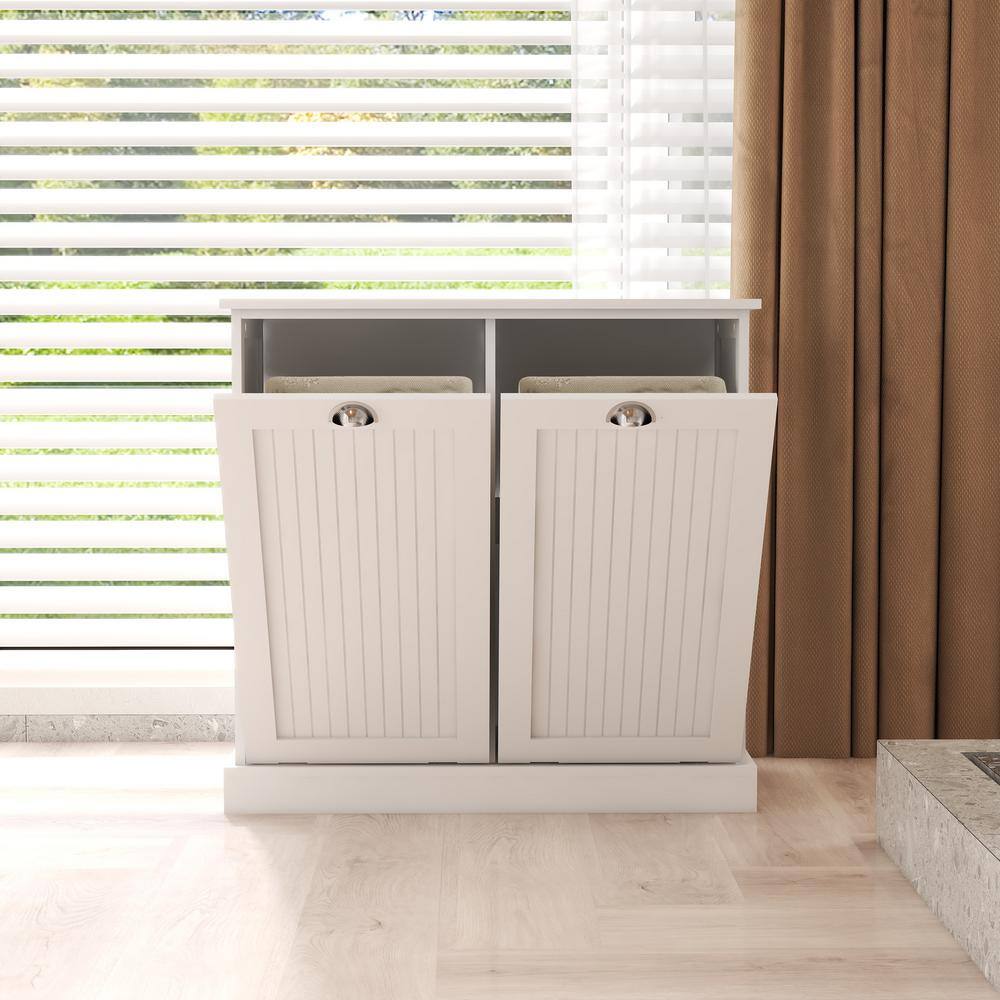 cadeninc 32.68 in. D x 14.57 in. W x 31.50 in. H Double Tilt-Out Laundry Hamper in White Ane-LQW1-950