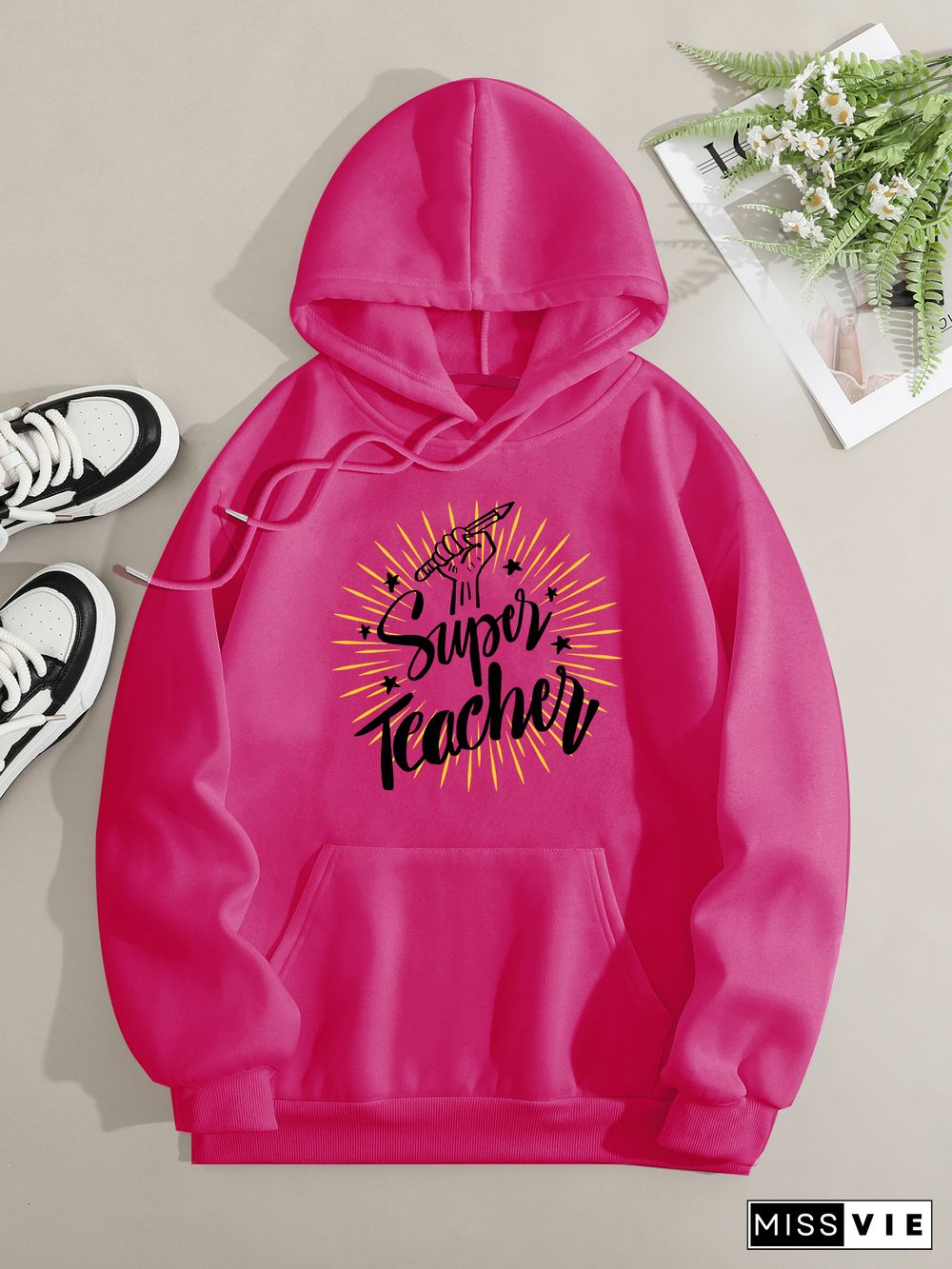 Printed on front Kangaroo Pocket Hoodie Long Sleeve for Women Pattern Super teacher