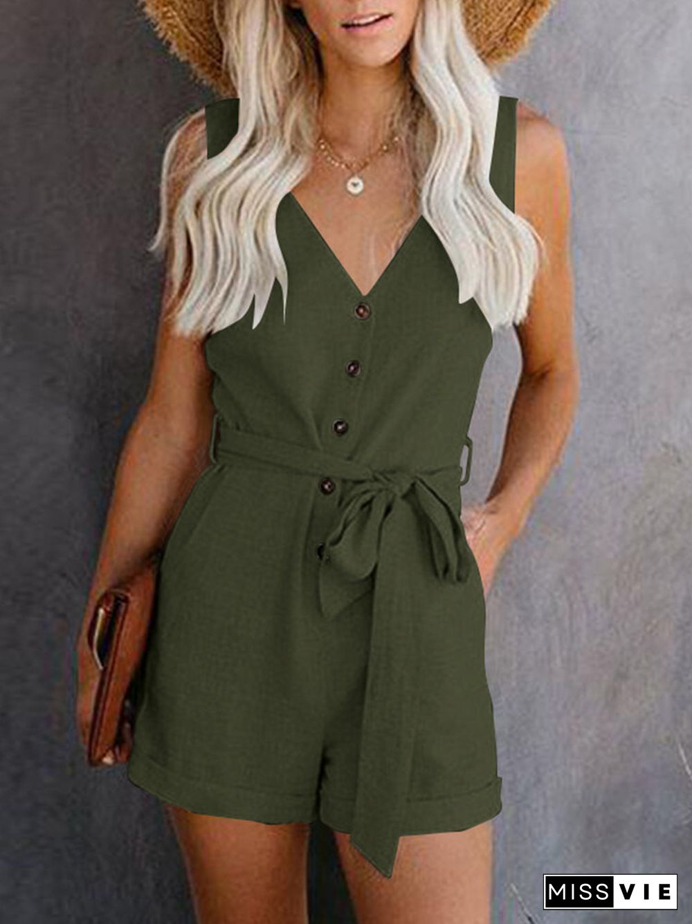 Solid Button Belt Pocket V-neck Rolled Hem Romper