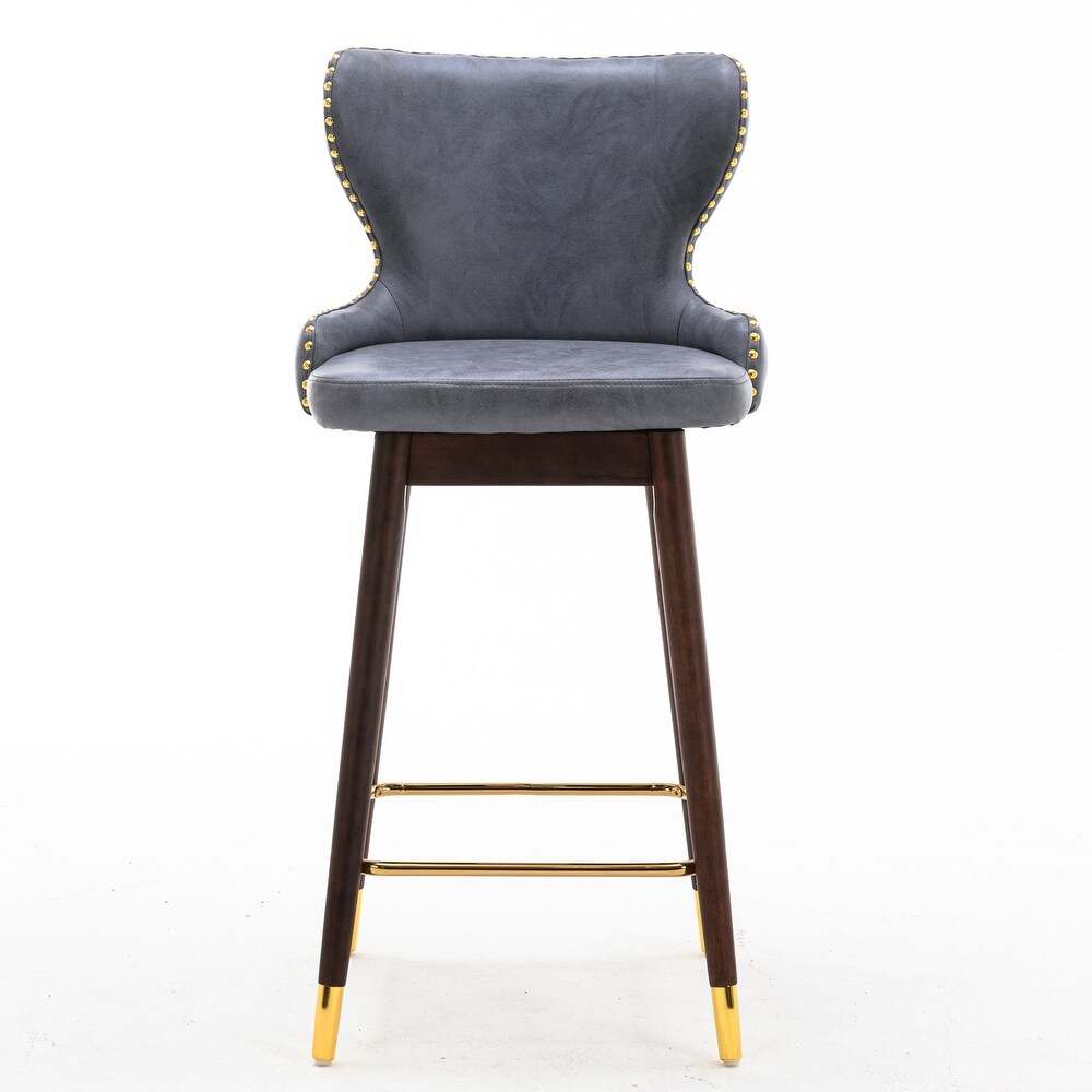 Modern Leather Fabric Bar Stool with Gold Nailheads   Solid Wood Legs  Set of 2