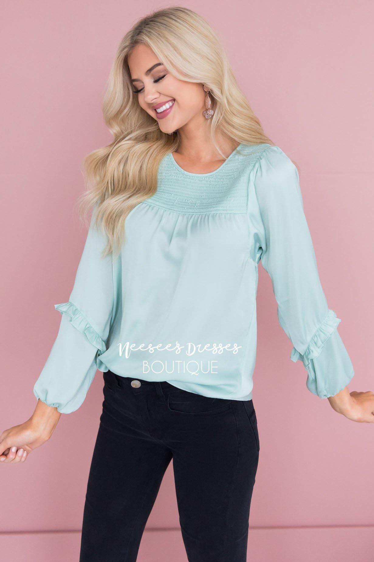 Mint Smocked Satin Blouse