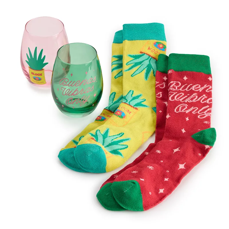 Quiero Prints Buenas Vibras Stemless Wine Glass and Socks Gift Set