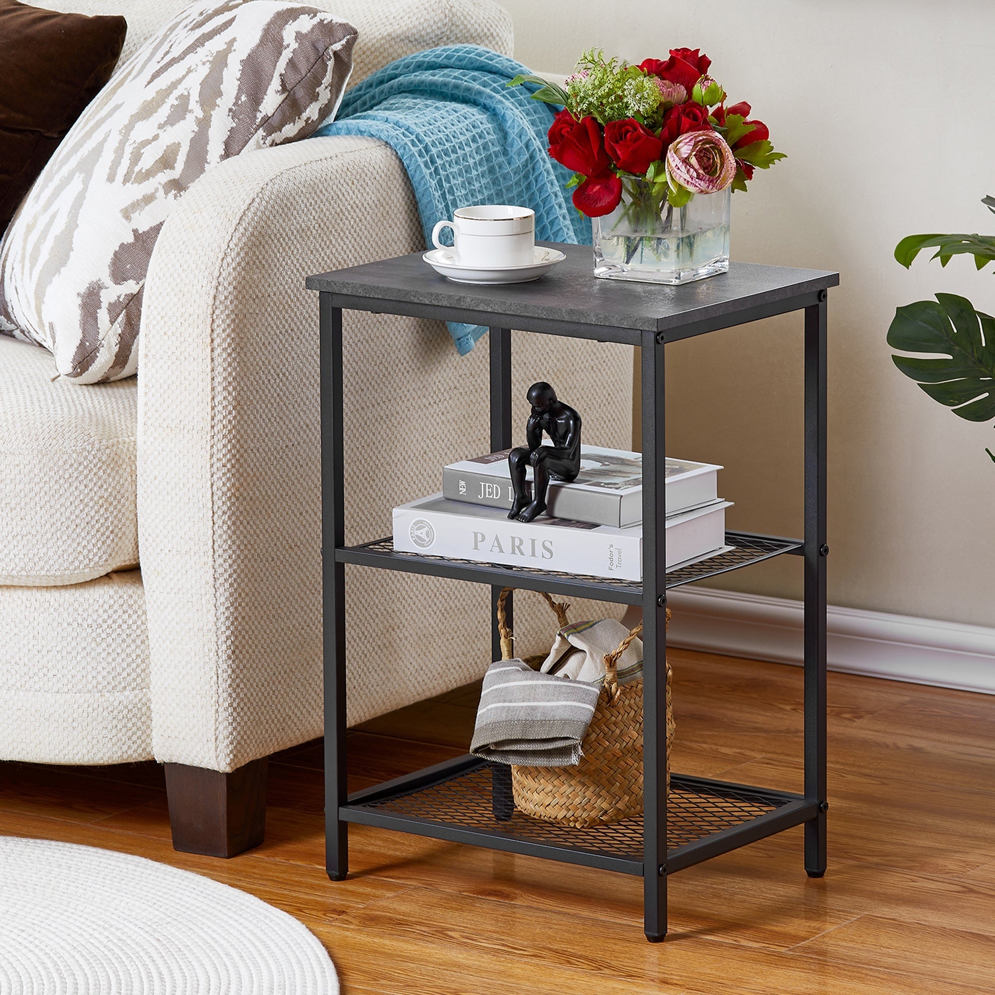 Modern Narrow Side Table with 3-tier Mesh Storage Shelves(1PCS/2PCS)