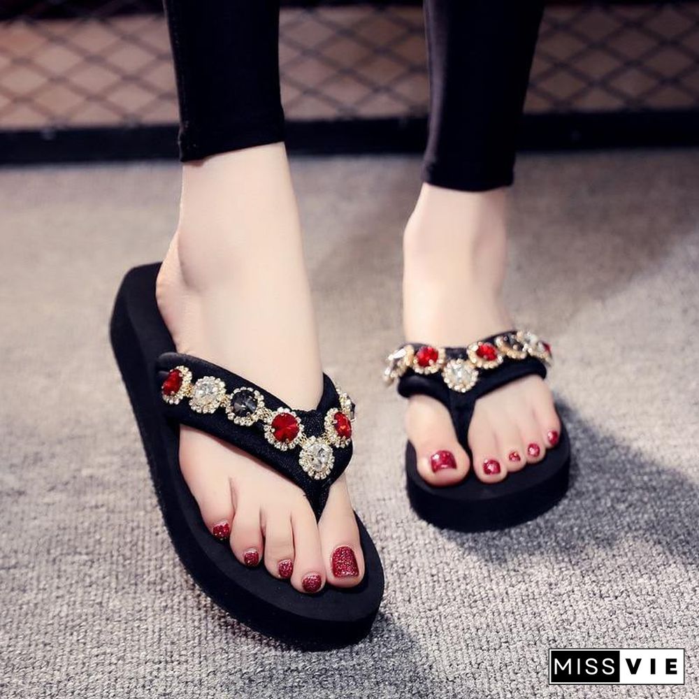 Bling Rhinestone Women Beach Flip Flops Soft EVA Ladies Outdoor Slippers Sexy High Heels Summer Shoes Woman Fashion Slides