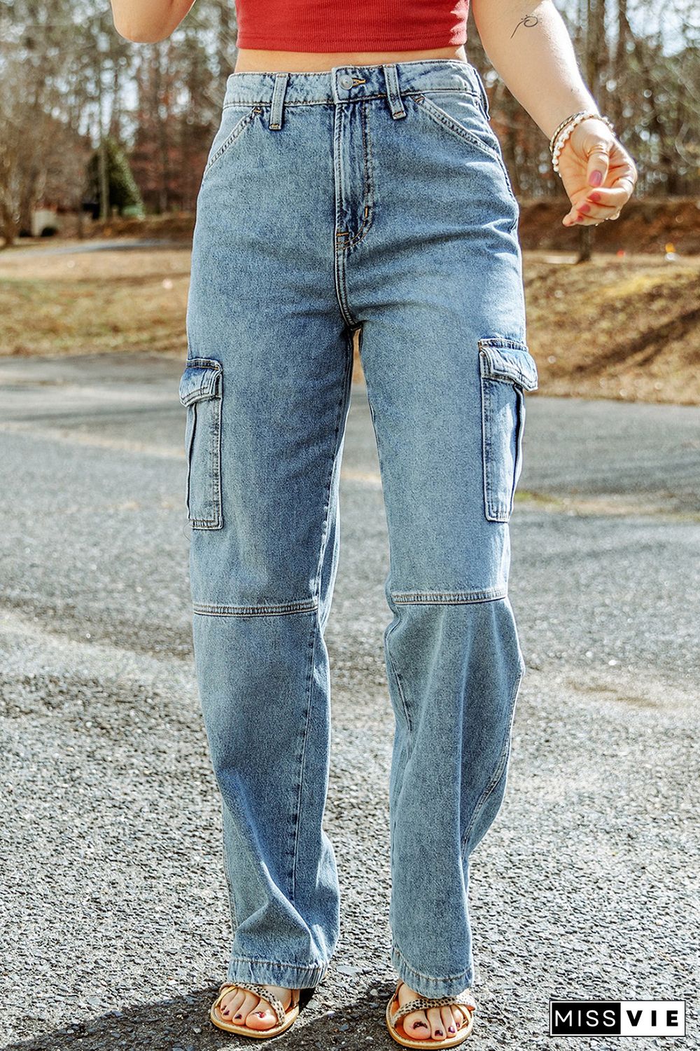 Sky Blue Cool Cargo Style Wide Leg Jeans