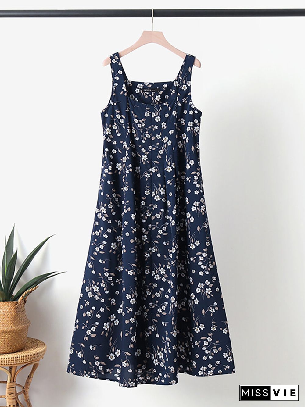 Floral Print Ruched Sleeveless Square Collar Maxi Dress