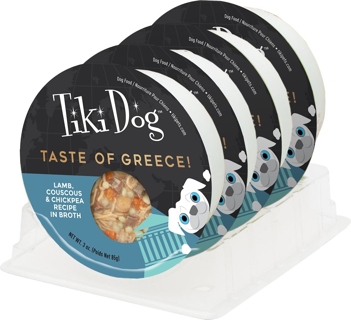 Tiki Dog Taste of Greece Lamb， Couscous and Chickpea Recipe in Broth Wet Dog Food， 3-oz cup， case of 4