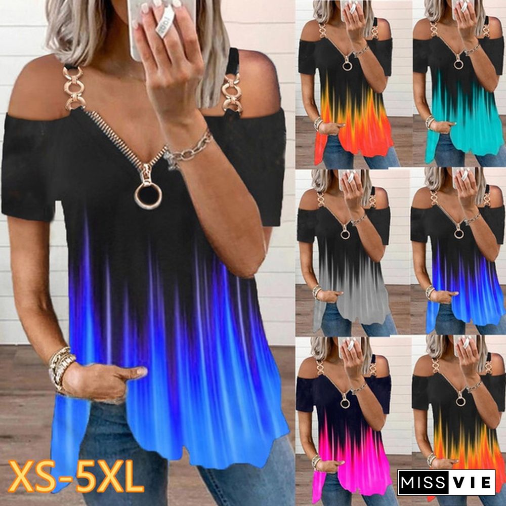 Summer New Fashion Women's Flame Printed Short Sleeve Strapless Metal Halter Top Casual Zipper V-neck T-shirt Loose Plus Size Soft and Comfortable Top Shirt XS-5XL