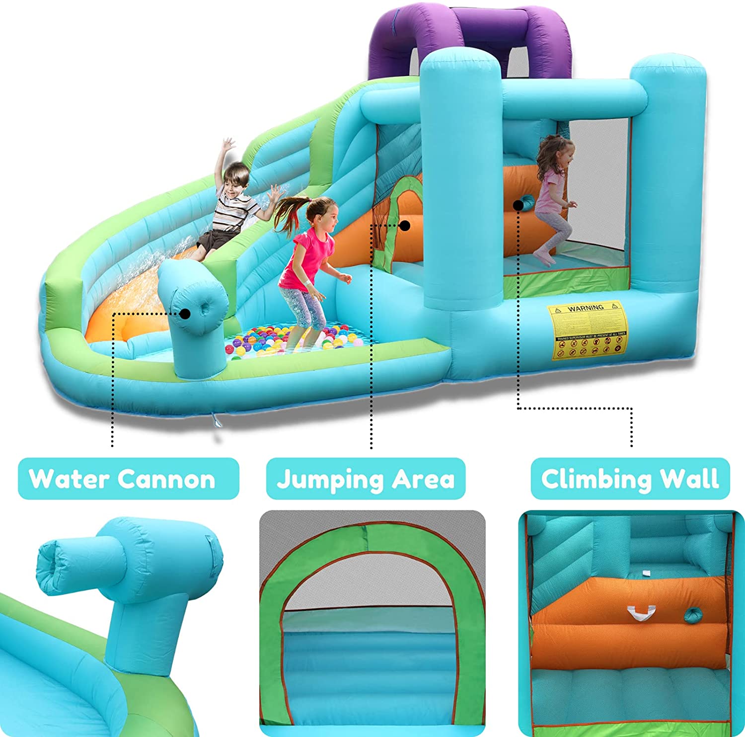 Inflatable Water Slide Bounce House, 6 in 1 Kids Jumping Castle Water Park w/Splash Pool, Waterslides, Climbing, Water Cannon, Blow up Water Slides for Kids Backyard