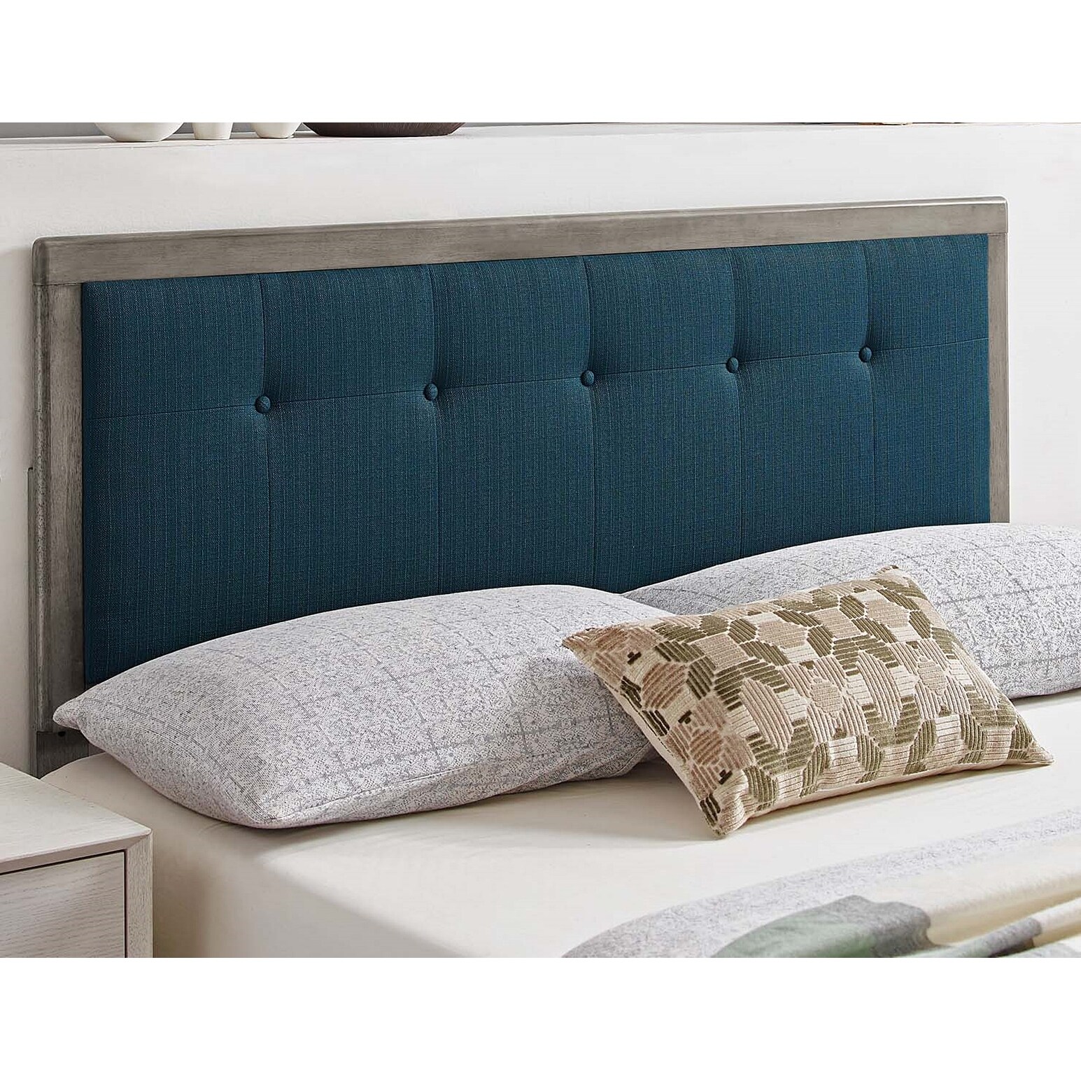 Marlin Traditional Blue Fabric Button Tufted Queen Size Grey Wooden Headboard - - 32157979