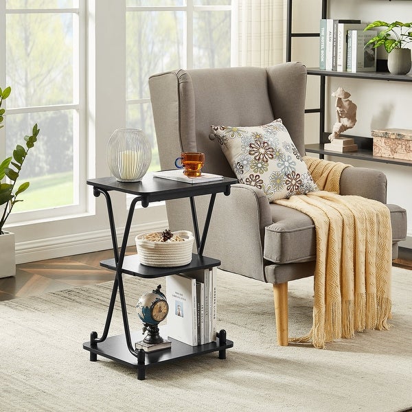 Modern 3-Tier Bedside/End Table with Storage Shelf， X-Shaped Design Nightstand and Sofa Side End Table