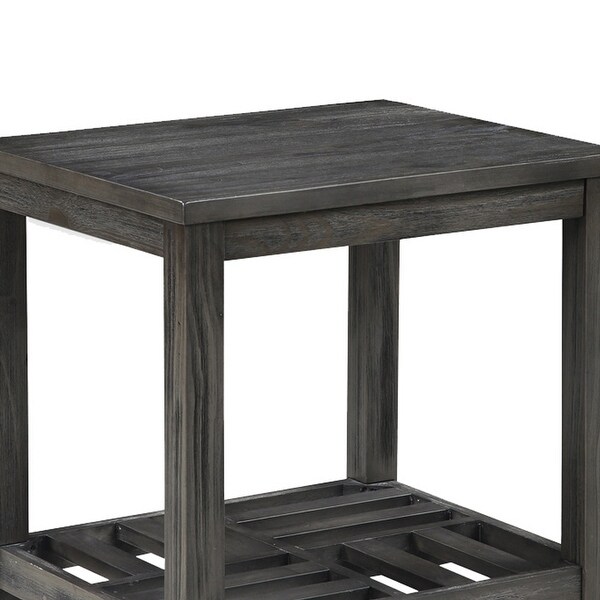 Transitional Style Wooden End Table with Open Slatted Shelf， Gray