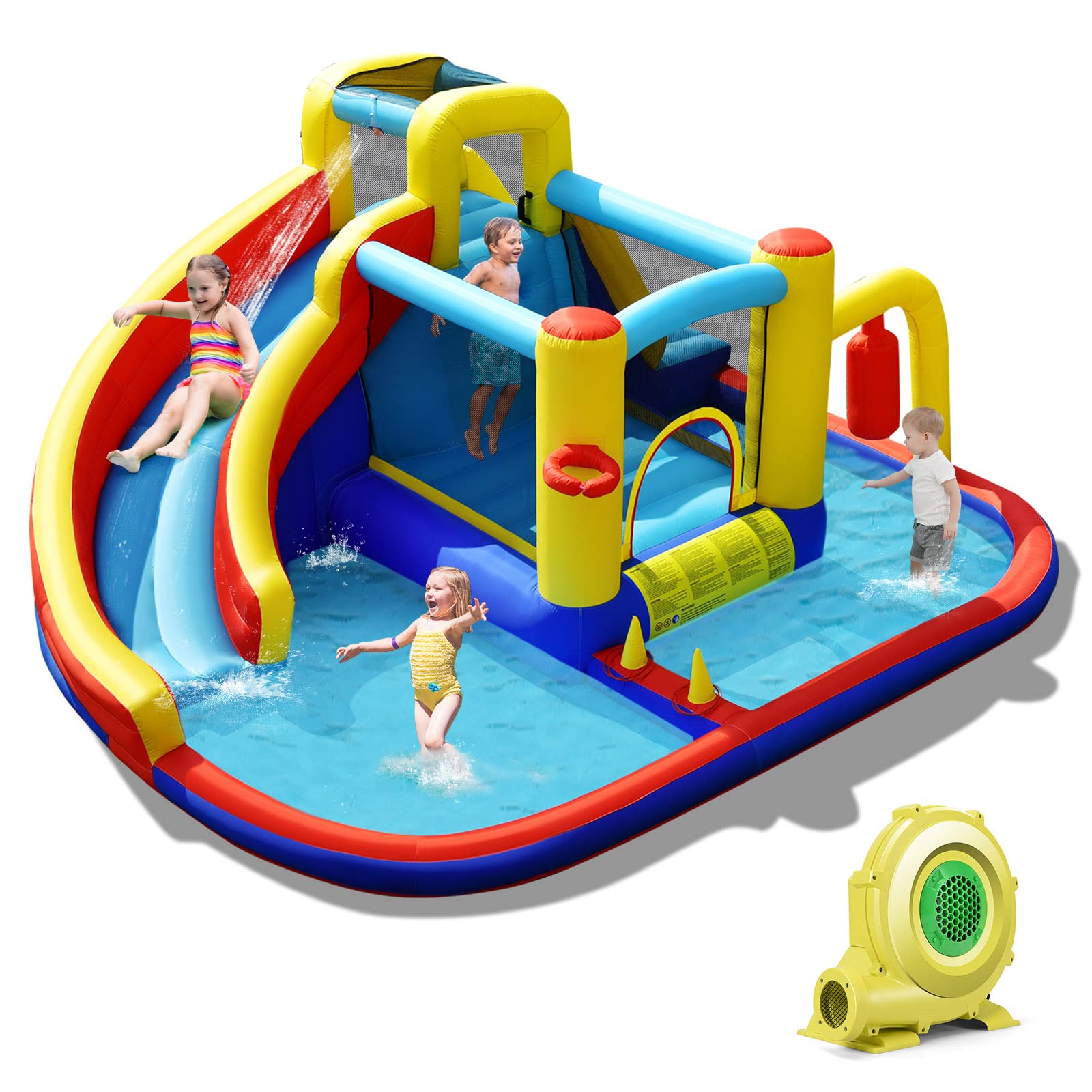 Costzon Inflatable Water Slide, 7 in 1 Outdoor Kids Giant Water Bounce House Jumping Castle Combo