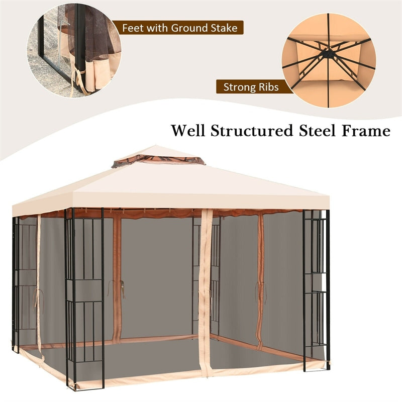 10 x 10 FT Patio Metal Gazebo with Netting, 2 Tier Vented Roof Outdoor Canopy Gazebo Tent