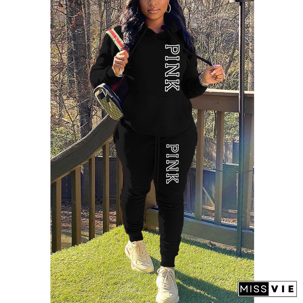 PINK Letter Print Pullover Hoodies and Pants Tracksuit