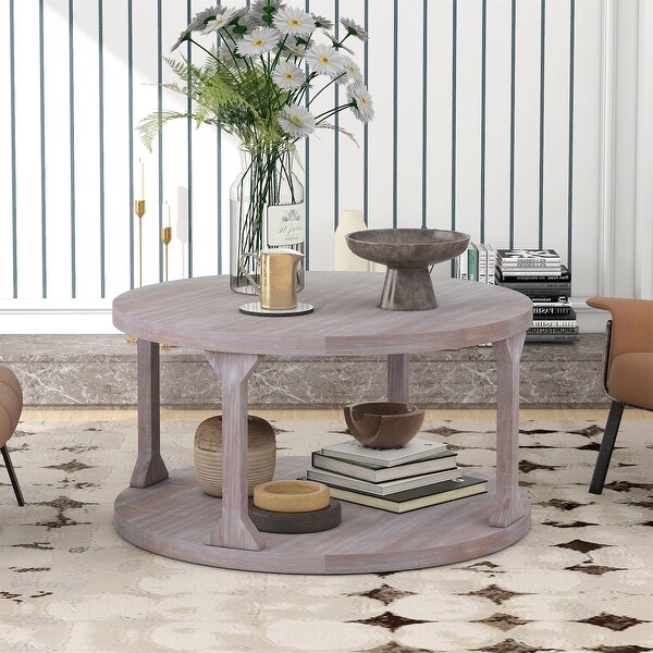 Round Rustic Wooden Coffee Table for Living Room