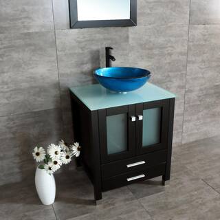 walsport 24 in. W x 21.7 in. D x 29.5 in. H Single Sink Bath Vanity in Black with Glass Top and Mirror USBR4181+USBR1003