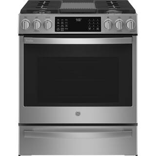 GE Profile 30 in. 5.6 cu. ft. Smart Slide-In Gas Range in Fingerprint Resistant Stainless with Convection and Air Fry PGS930YPFS