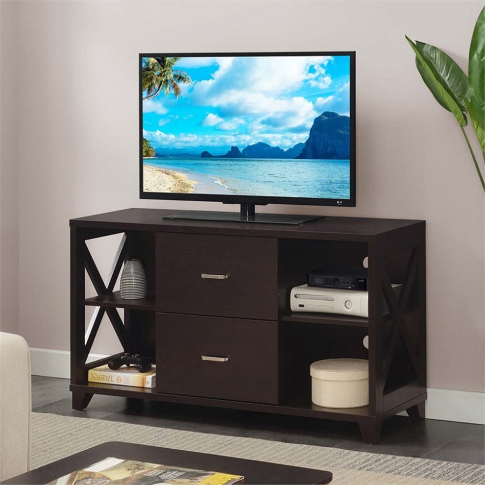 Oxford Deluxe Two Drawer TV Stand with Shelves in Espresso Wood Finish   Transitional   Entertainment Centers And Tv Stands   by Homesquare  Houzz