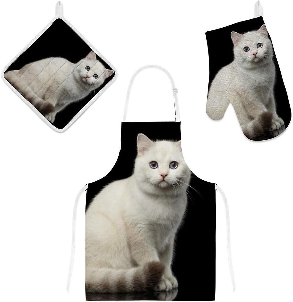 Kitchen Oven Mitts Glove Potholder Apron 3pcs Set Kitten On Black Non Slip Heat Resistant Mitts For Baking Cooking Bbq