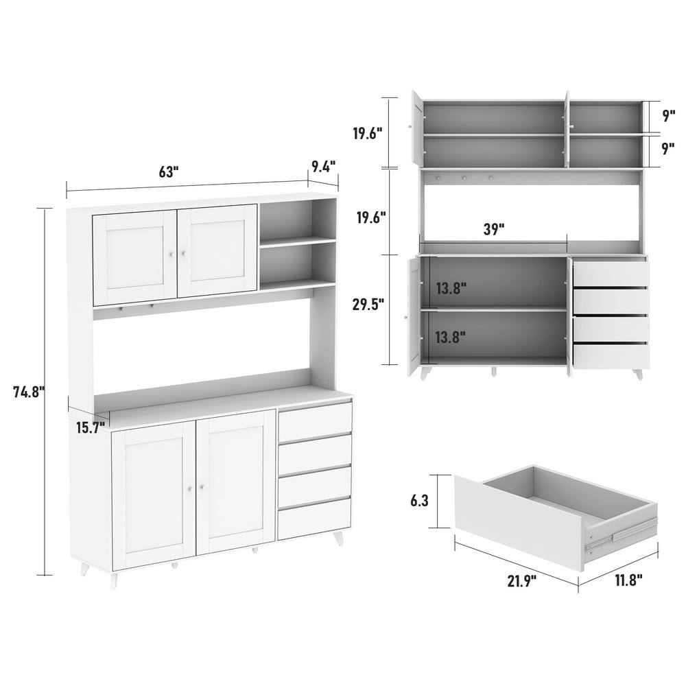 FUFUGAGA 63 in. L Brown Wood Kitchen Dining Food Pantries Sideboard with 4-Drawers Hooks Open Shelves Glass Doors KF210128-023-KPL-c