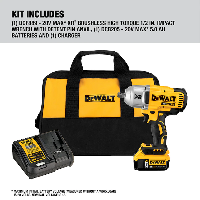 DEWALT DCF899P1 20-Volt MAX XR Cordless Brushless 1/2 in. High Torque Impact Wrench with Detent Pin Anvil， (1) 20-Volt 5.0Ah Battery