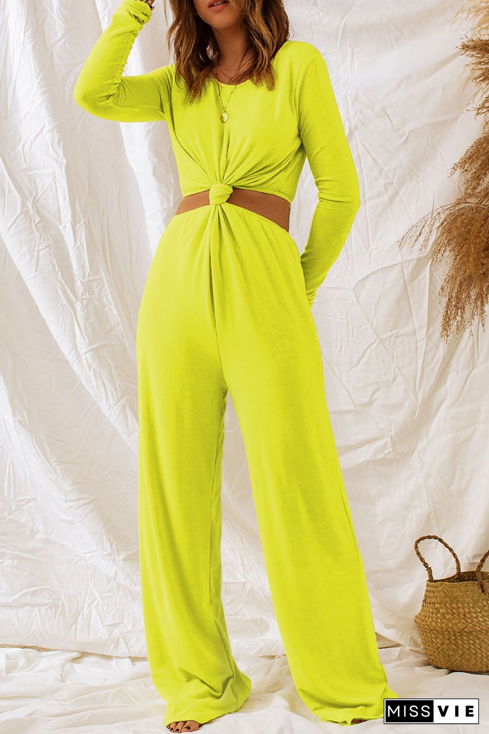 Yellow Cut Out Knotted Long Sleeve Wide Leg Jumpsuit