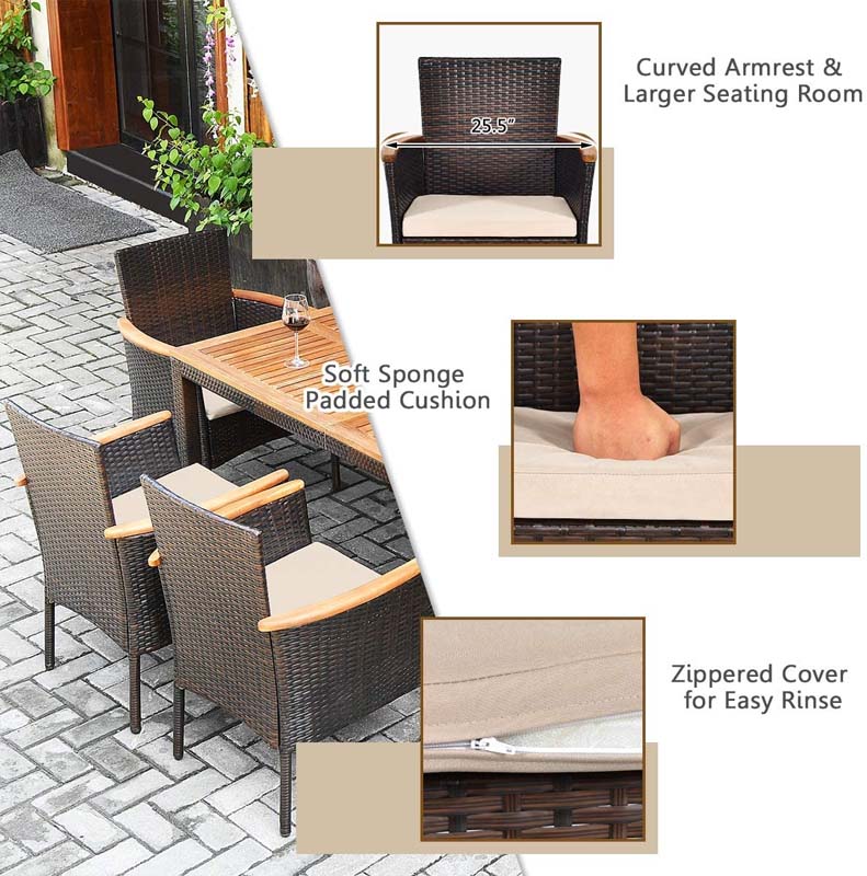 7 Pcs Rattan Patio Dining Set with Umbrella Hole, Acacia Wood Tabletop & Cushioned Stackable Armchairs