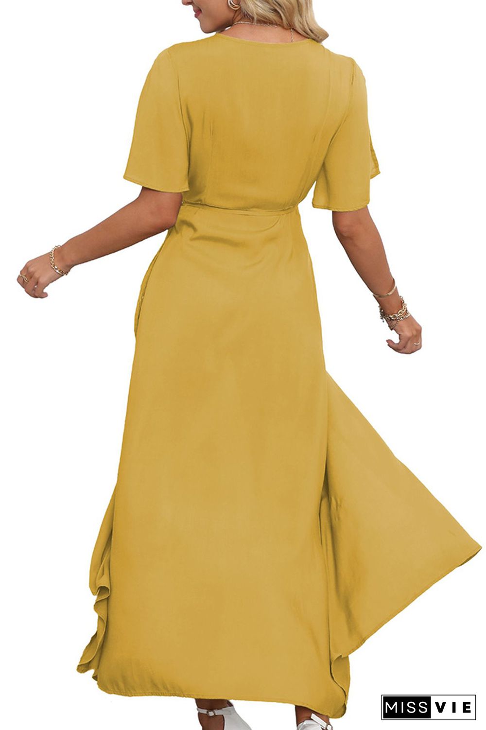 Plain Wrap V Neck Side Split With Sash Maxi Dress