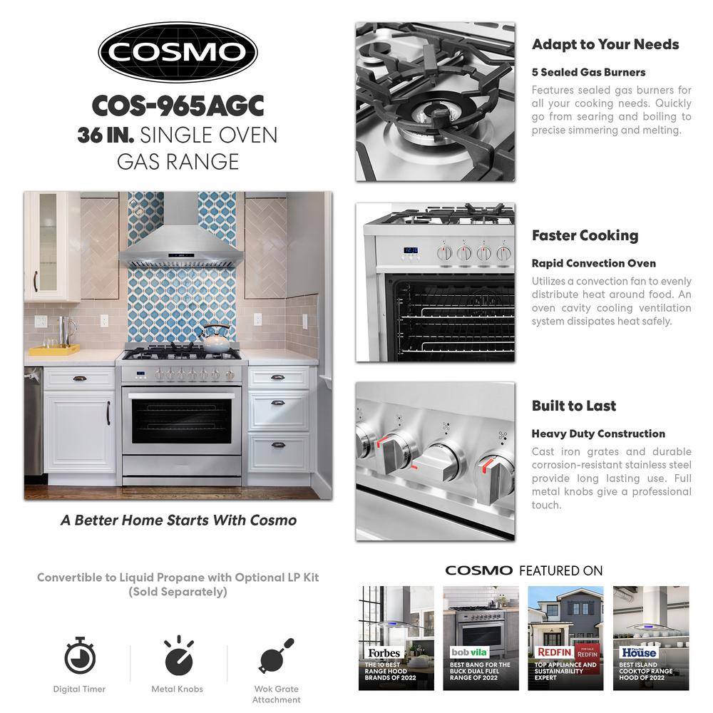 Cosmo 36 in. 3.8 cu. ft. Single Oven Gas Range with 5 Burner Cooktop and Heavy Duty Cast Iron Grates in Stainless Steel COS-965AGC