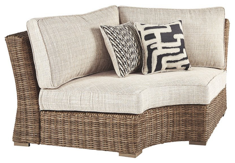 Afuera Living Outdoor Curved Wicker Corner Patio Loveseat in Beige   Tropical   Outdoor Loveseats   by Homesquare  Houzz