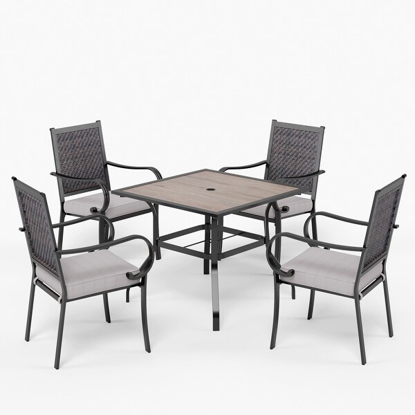 MAISON ARTS 5piece Patio Dining Set，4 Rattan Chairs with Cushion and 1 Table with Umbrella Hole