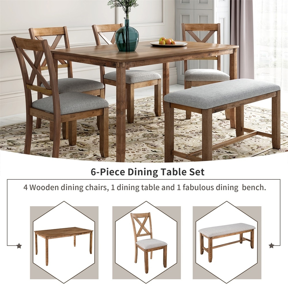 Merax Wooden 6 Piece Kitchen Dining Set with Bench and 4 Dining Chairs