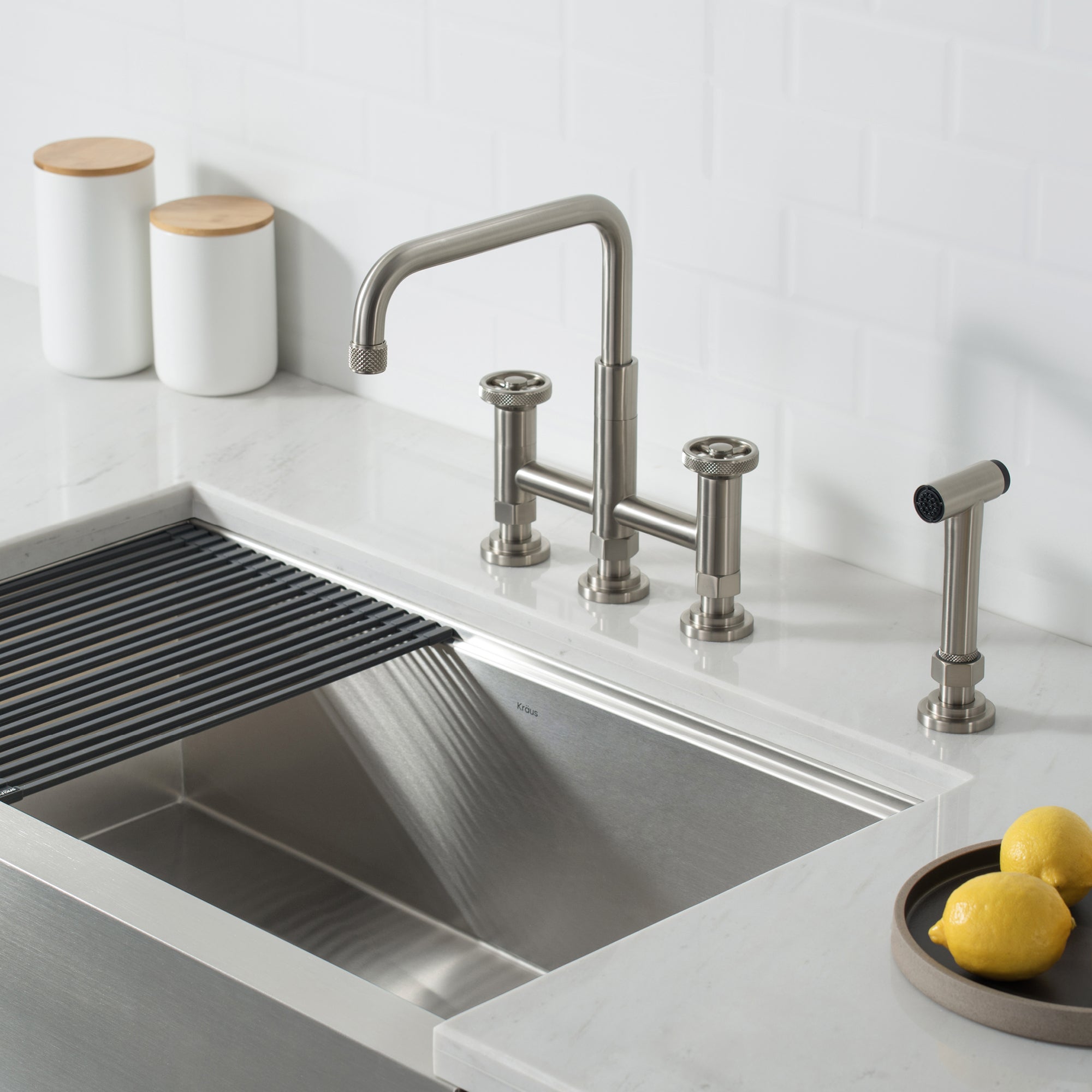 Kraus Urbix™ Industrial Bridge Kitchen Faucet with Side Sprayer in Spot Free Stainless Steel