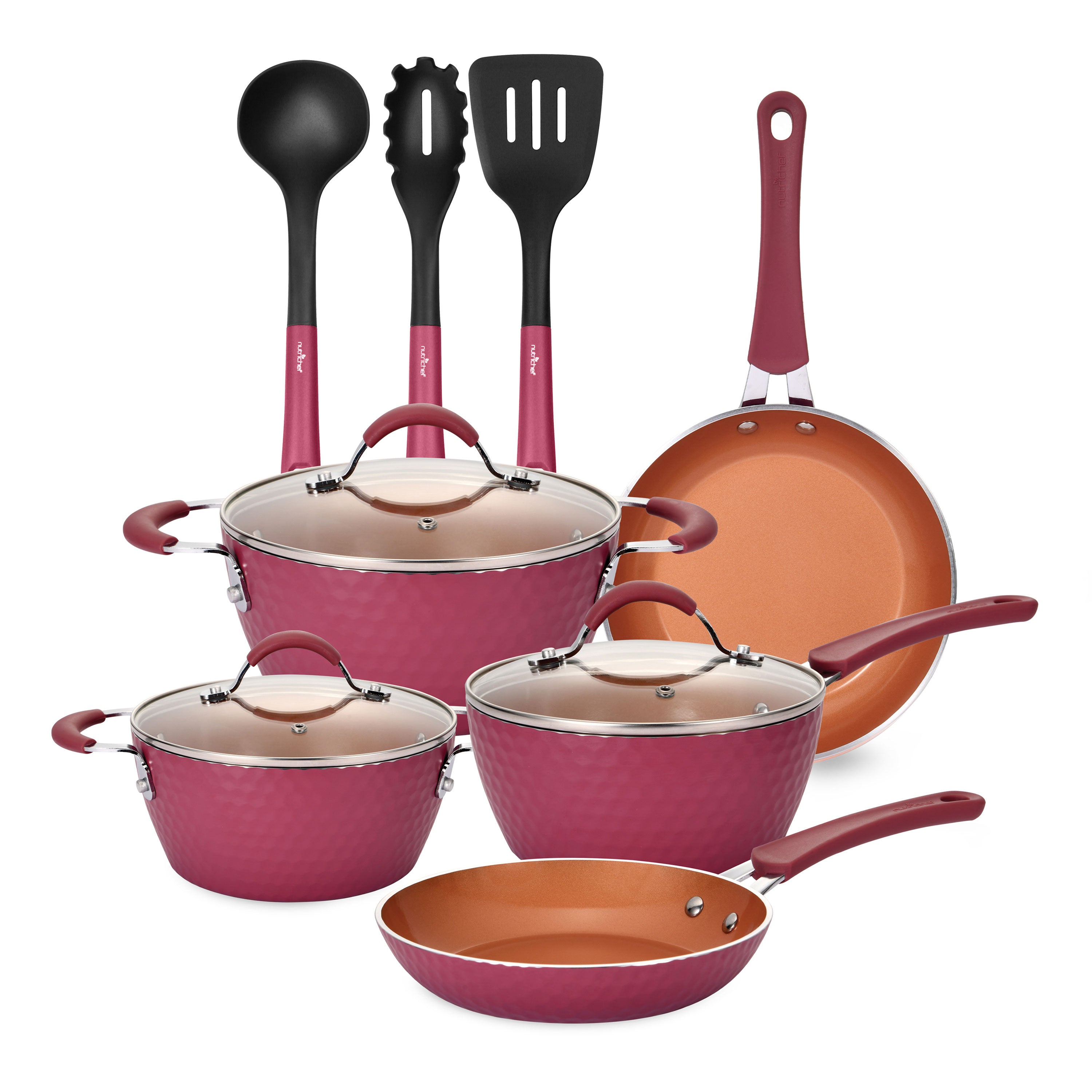 11 Piece Nonstick Elegant Diamond Pattern Kitchen Cookware Set, Pink (Open Box)