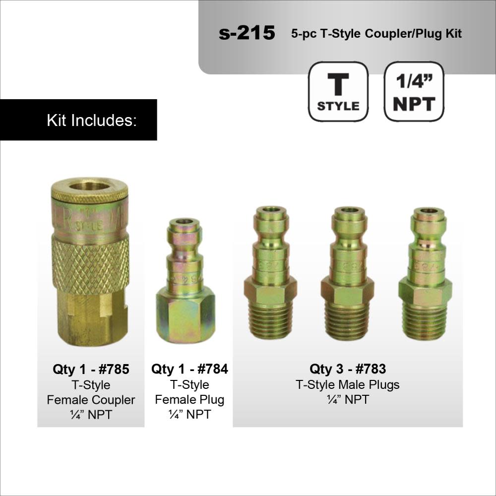 Milton® 215 1/4 NPT T Style Coupler and Plug  ; 5 Pieces