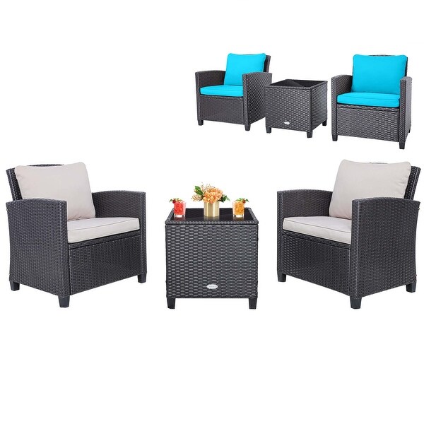 Costway 3PCS Patio Wicker Furniture Set with Beige and Navy Cushion