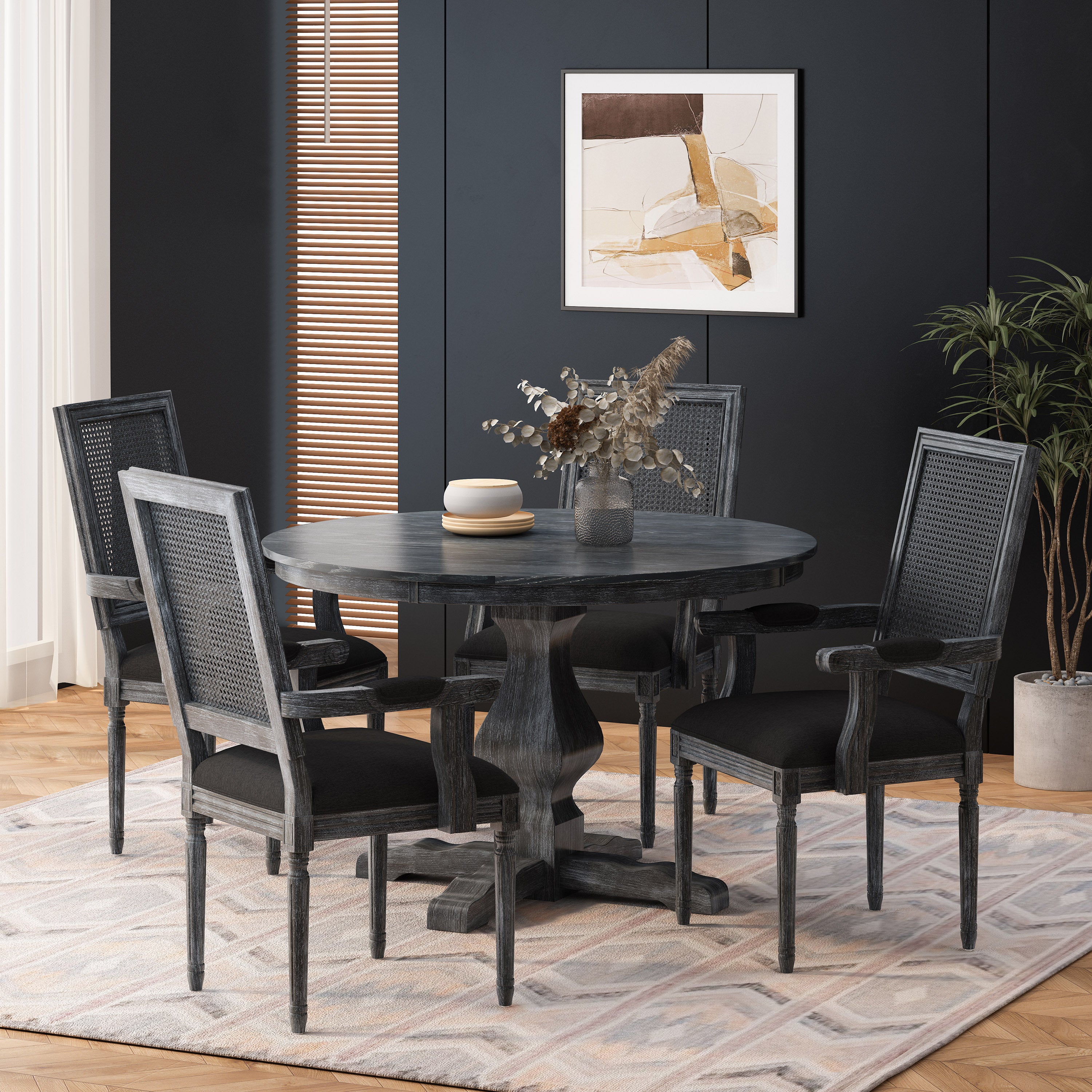 Joretta French Country Fabric Upholstered Wood and Cane 5 Piece Circular Dining Set