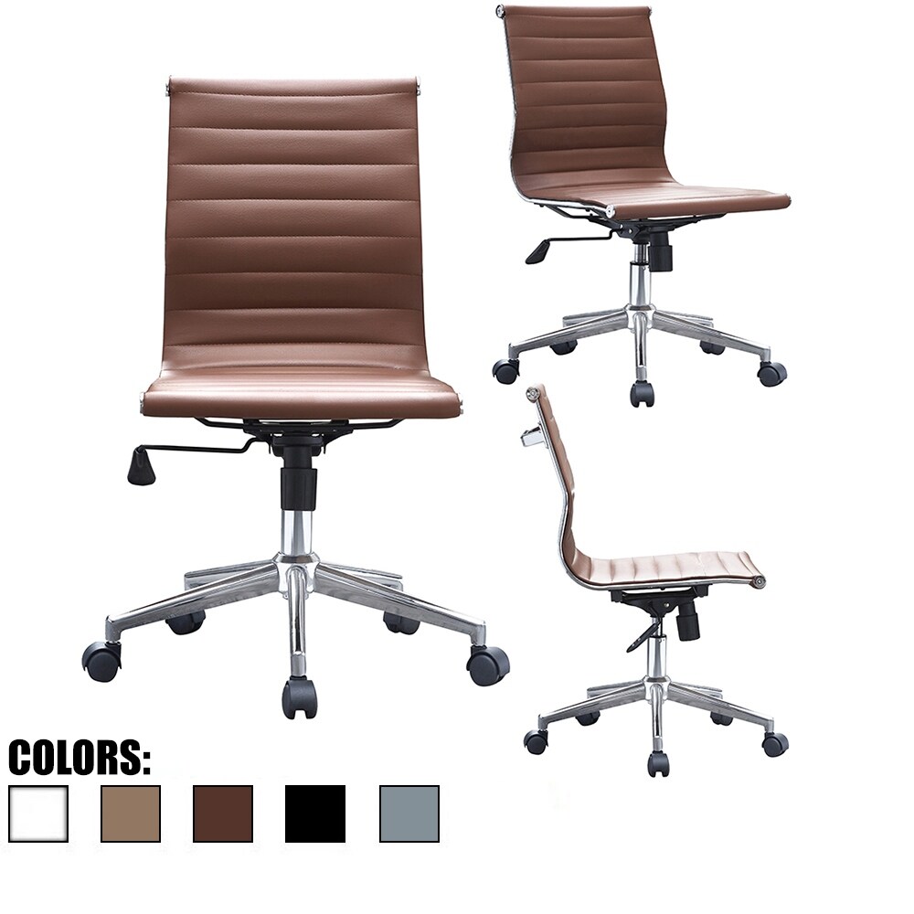 Brown Adjustable Mid Back Office Chair: Sleek Swivel  PU Leather  Armless  Ribbed