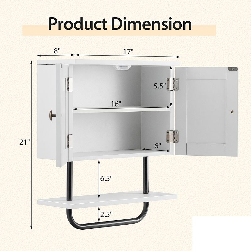 2-Door Bathroom Wall-Mounted Medicine Cabinet with Open Shelf and Towel Rack