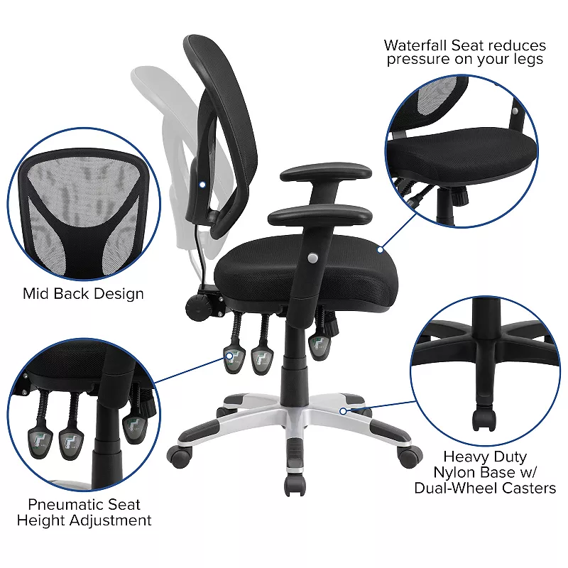 Emma and Oliver Mid-Back Black Mesh Multifunction Swivel Ergonomic Task Office Chair - Arms