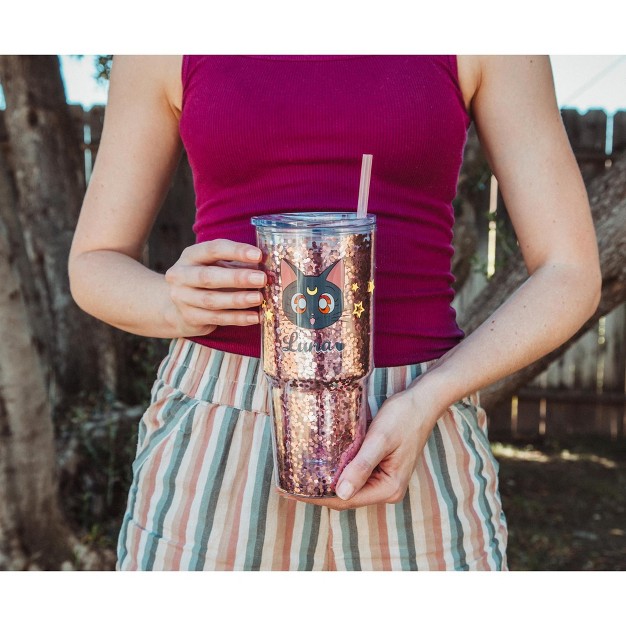 Just Funky Sailor Moon Luna And Artemis Glitter Tumbler With Lid And Straw Hold 31 Ounces