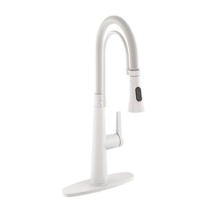 CASAINC Single Handle Spring Neck Standard Kitchen Faucet with Dual-Function Sprayhead and Deck Plate in Matte White CA-D0462-MW