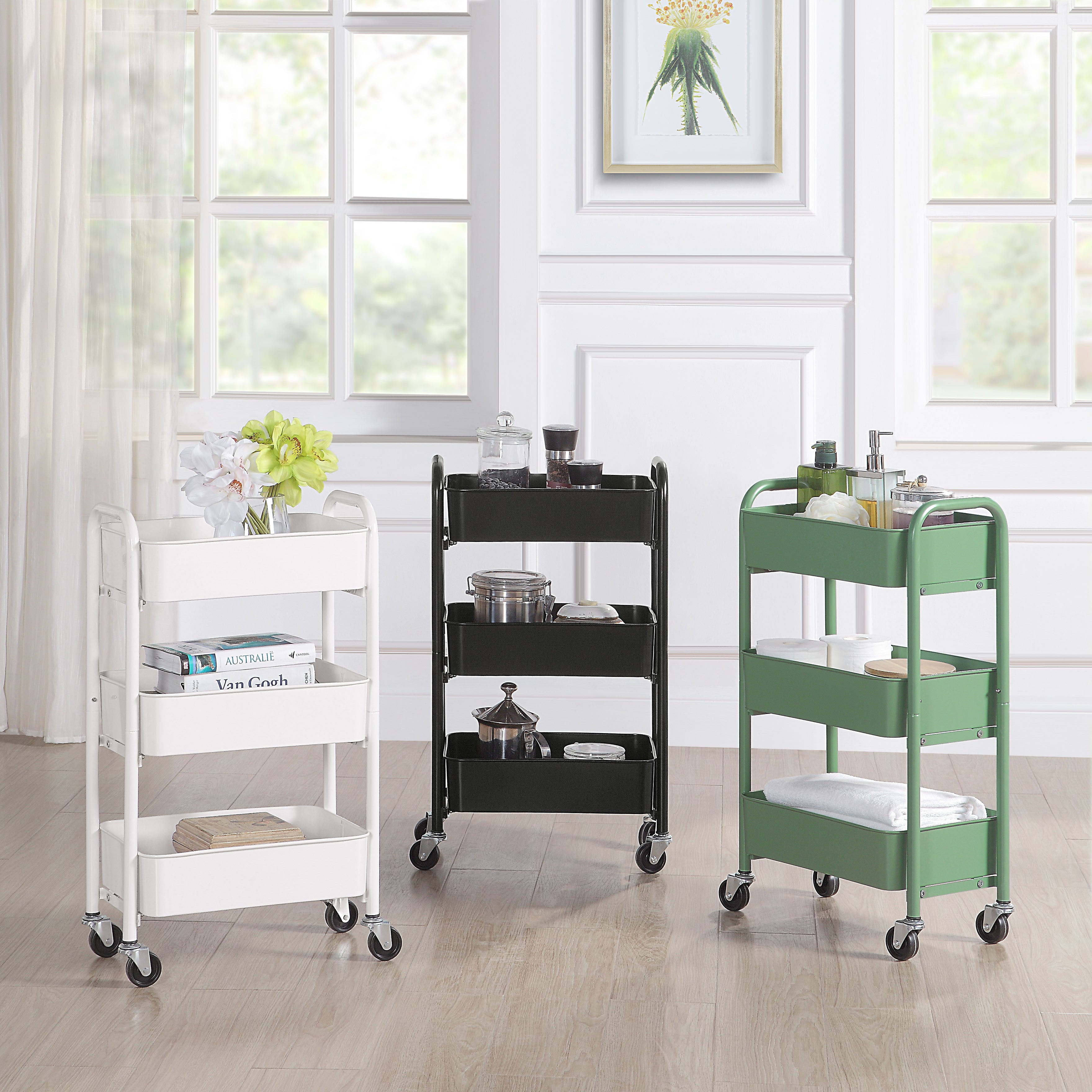 SunnyPoint 3-Tier Compact Rolling Metal Utility Cart Kitchen with Caster Wheels， Black